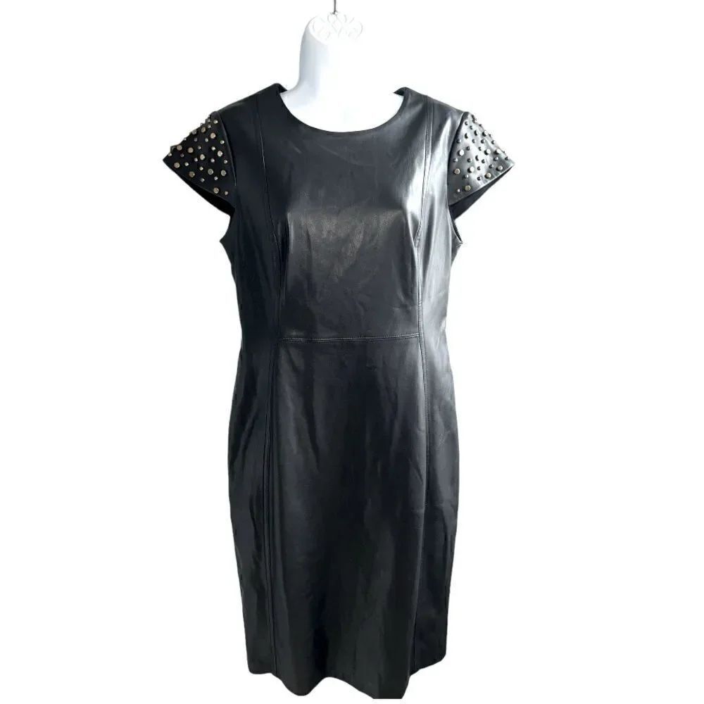 CALVIN KLEIN Studded Faux-Leather Sheath Dress Size 8